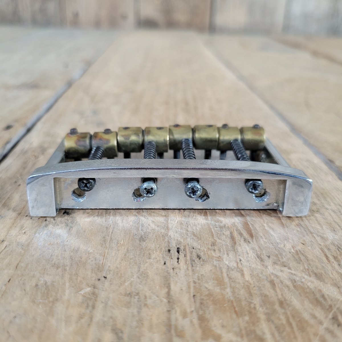 Unbranded Bass Bridge 1980s Brass Saddles Brass over Chrome Base 4 String - Mahar's Vintage Guitars