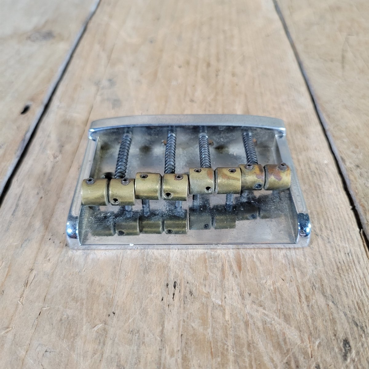 Unbranded Bass Bridge 1980s Brass Saddles Brass over Chrome Base 4 String - Mahar's Vintage Guitars