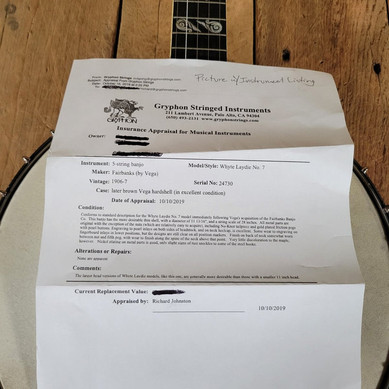 Vega Whyte Laydie No. 7 5 String Banjo Original Case Fairbanks 1906 - 1907 - Mahar's Vintage Guitars