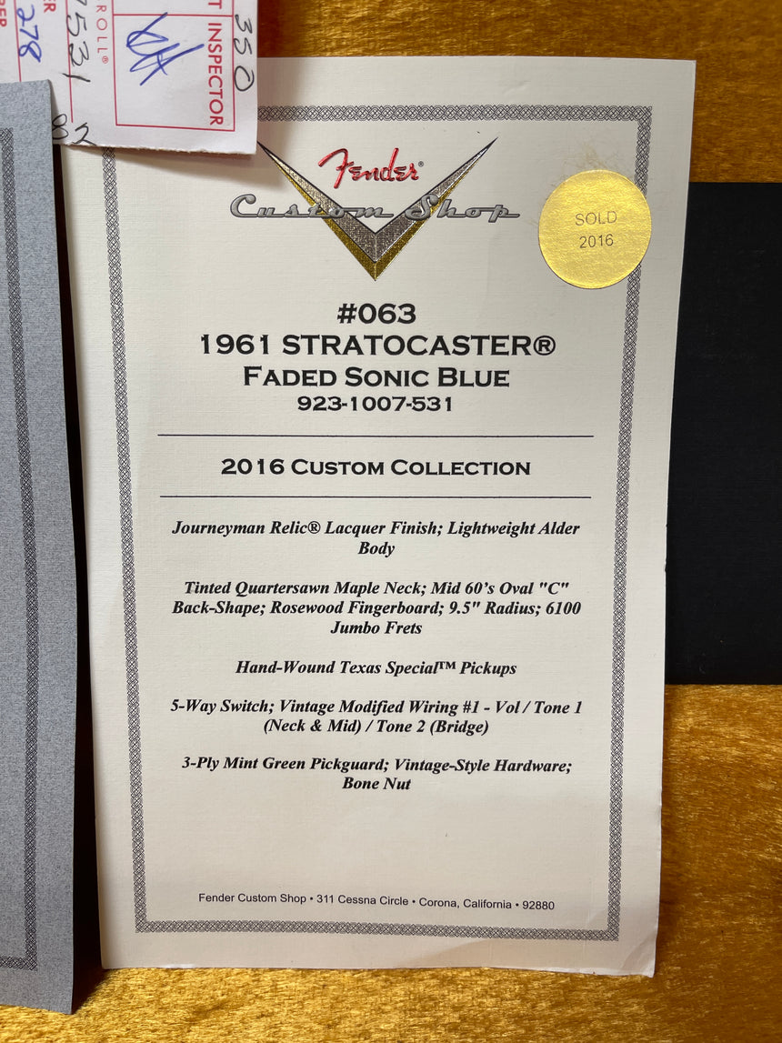 SOLD - Fender Stratocaster '61 Journeyman Limited Custom Collection Faded Sonic Blue 2016