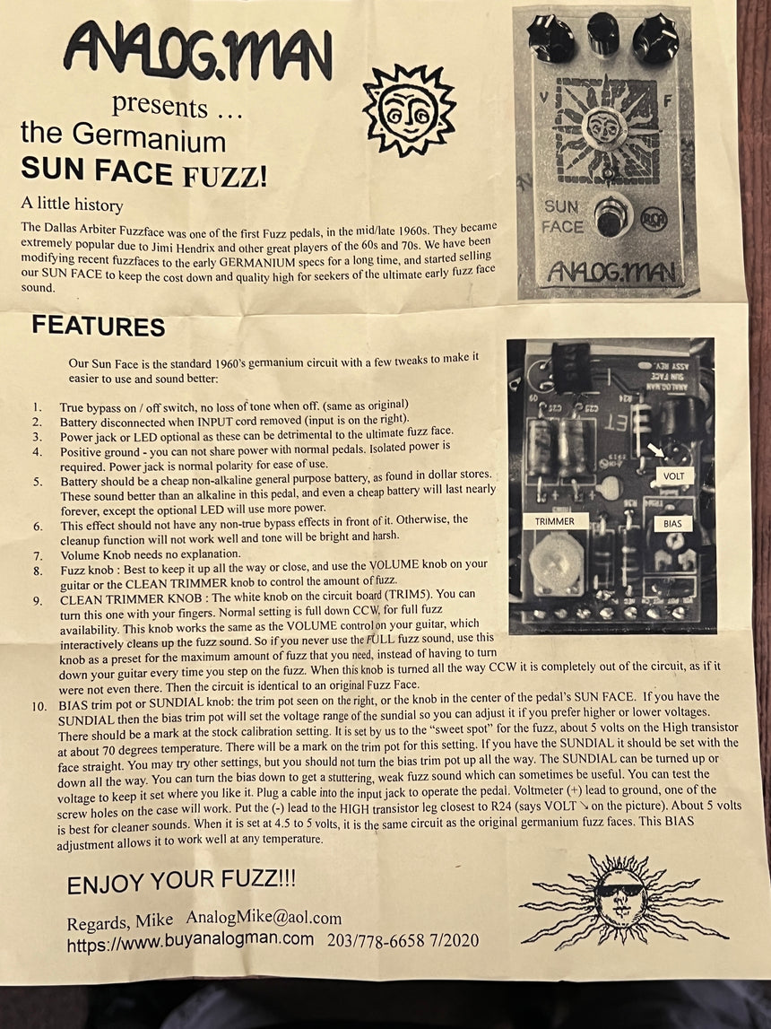 SOLD - Analogman Sun Face 2N Germanium Fuzz Guitar Effects Pedal