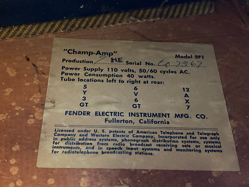 SOLD - Fender Champ 5F1 Tweed 1958