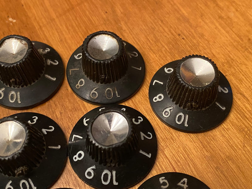 SOLD - Fender Amp knobs, set of 9, 1964 Black "Snowman 8".  For Deluxe Reverb Etc