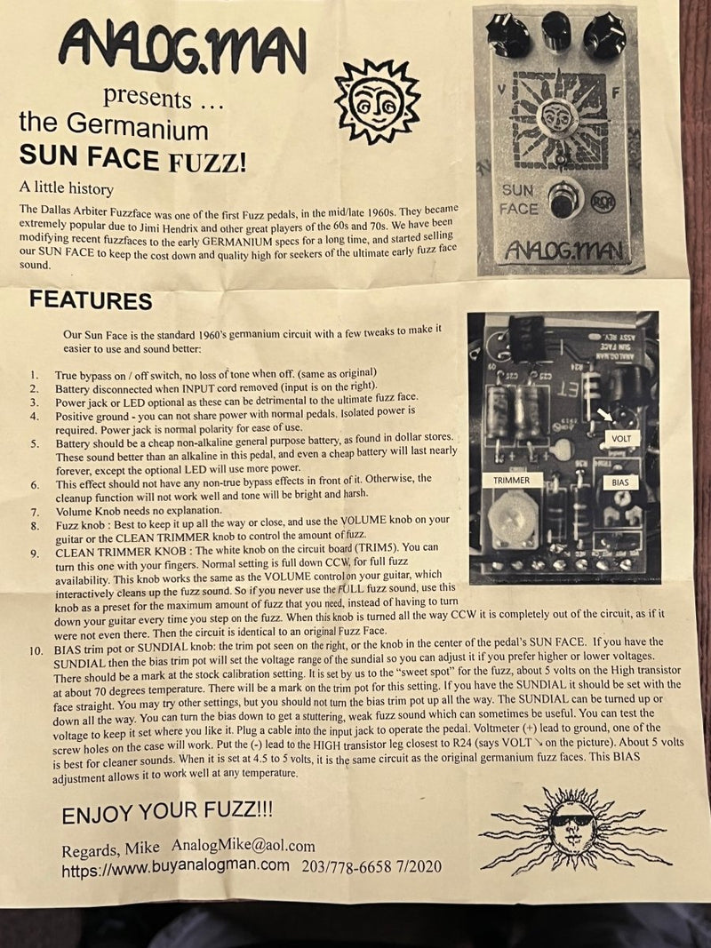 SOLD - Analogman Sun Face 2N Germanium Fuzz Guitar Effects Pedal - Mahar's Vintage Guitars