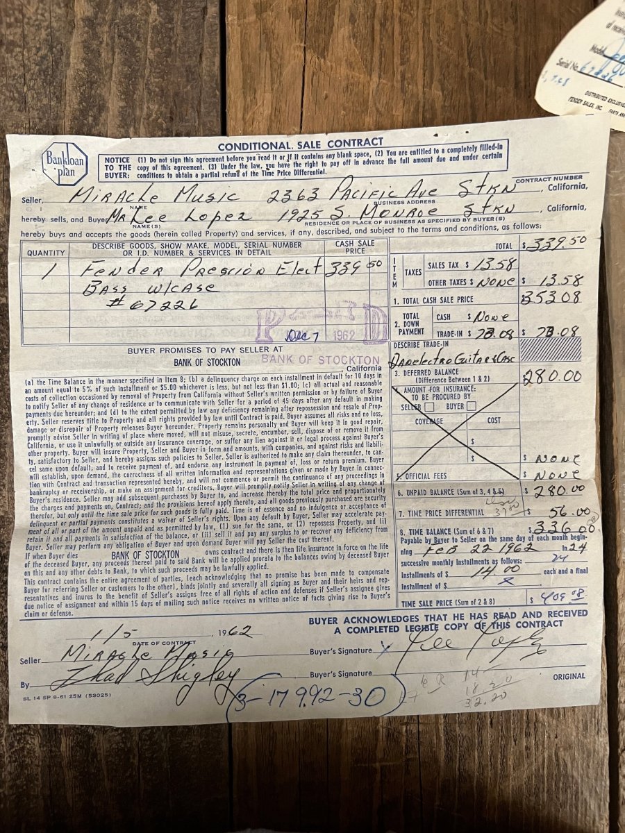 Sold! - Fender Jazz Bass 1961 One Owner with Tags and Receipt - Mahar's Vintage Guitars