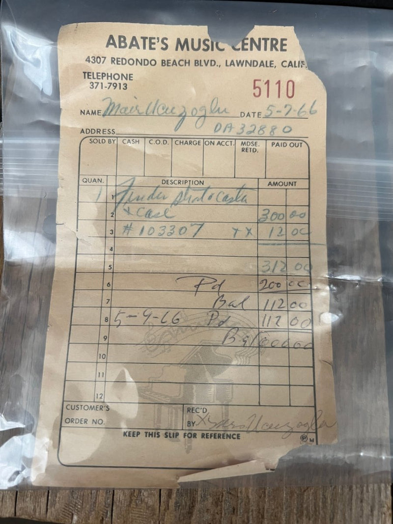 SOLD - Fender Stratocaster 1966 Sunburst Near Mint with Original Receipt and Hang Tag - Mahar's Vintage Guitars