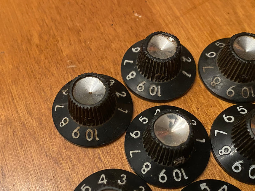 SOLD - Fender Amp knobs, set of 9, 1964 Black "Snowman 8".  For Deluxe Reverb Etc